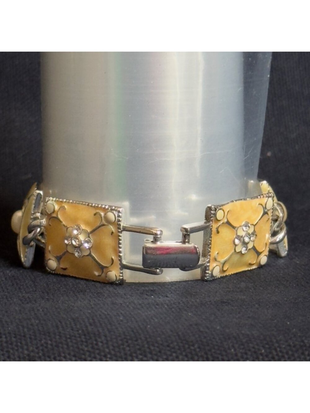 Vintage LIZ CLAIBORNE Beige & Silvertone Link Bracelet Floral Design  Rhinestone